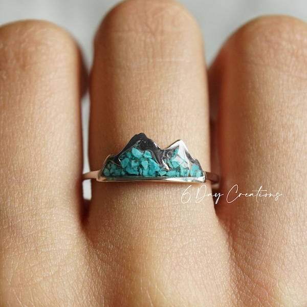 Genuine Turquoise ring | .925 sterling silver | unique crushed stones | hypoallergenic | boho statement jewelry | detailed | mountain shape