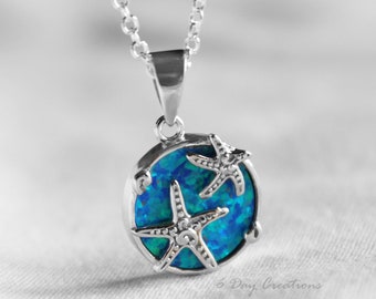 Opal Starfish necklace | s925 sterling silver | blue/white lab opal | sea creature jewelry | nature-themed accessory | **hypoallergenic
