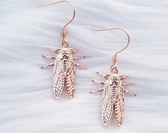 Tiny cicada earrings | rose gold colored | gift for her | detailed bug earrings | lovely insect jewelry | cicada jewelry | unique