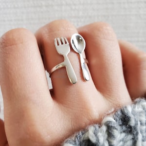 Fork & spoon ring | .925 sterling silver | adjustable food jewelry | chef gift | cooking accessory | statement | gift for her/him | dainty