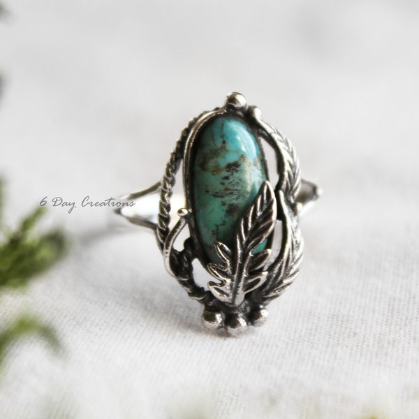 Genuine Turquoise ring | .925 sterling silver | unique feather stone ring | hypoallergenic accessory | boho statement jewelry | adjustable