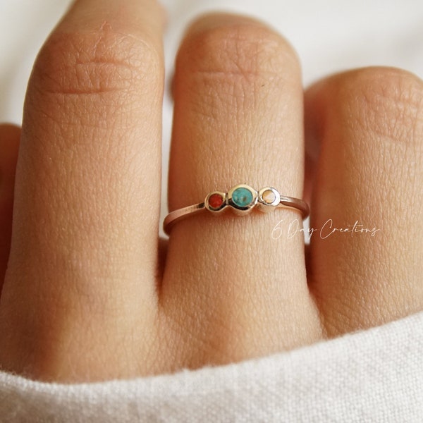 Dainty Tiger Eye, Turquoise, Red Agate Multicolored stone ring | s925 sterling silver | 3 stone jewelry | gift for her