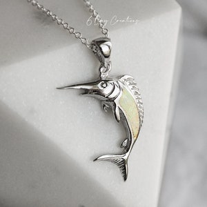 Swordfish necklace .925 sterling silver opal stone inlay sea creature accessory detailed fish pendant gift for her image 1