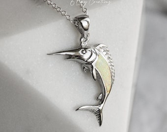 Swordfish necklace | .925 sterling silver | opal stone inlay | sea creature accessory | detailed fish pendant | gift for her