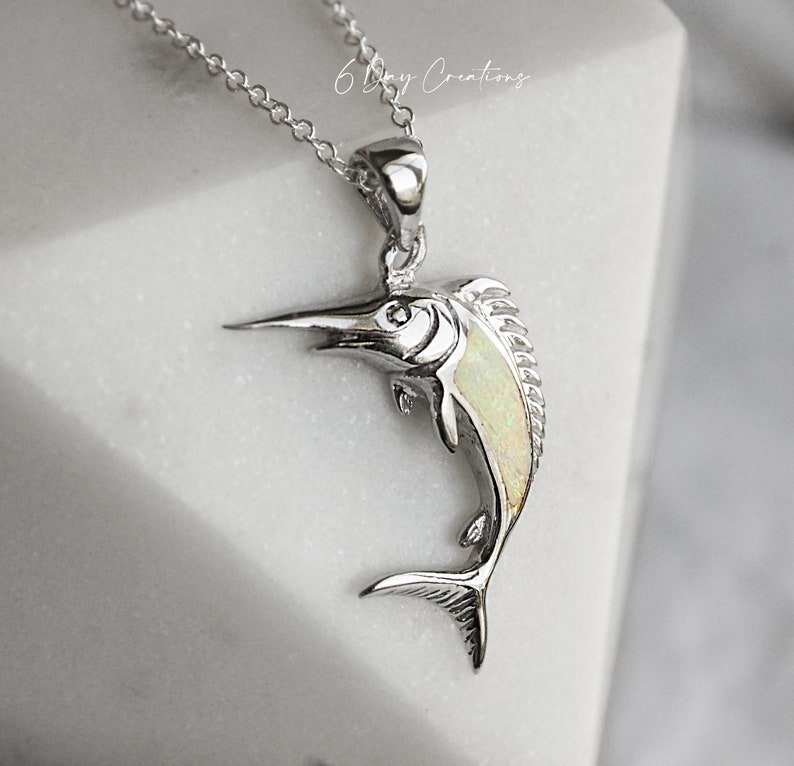 Swordfish necklace .925 sterling silver opal stone inlay sea creature accessory detailed fish pendant gift for her image 1