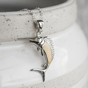 Swordfish necklace .925 sterling silver opal stone inlay sea creature accessory detailed fish pendant gift for her image 4