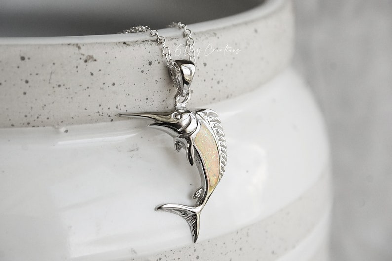 Swordfish necklace .925 sterling silver opal stone inlay sea creature accessory detailed fish pendant gift for her image 4