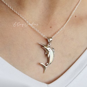 Swordfish necklace .925 sterling silver opal stone inlay sea creature accessory detailed fish pendant gift for her image 2