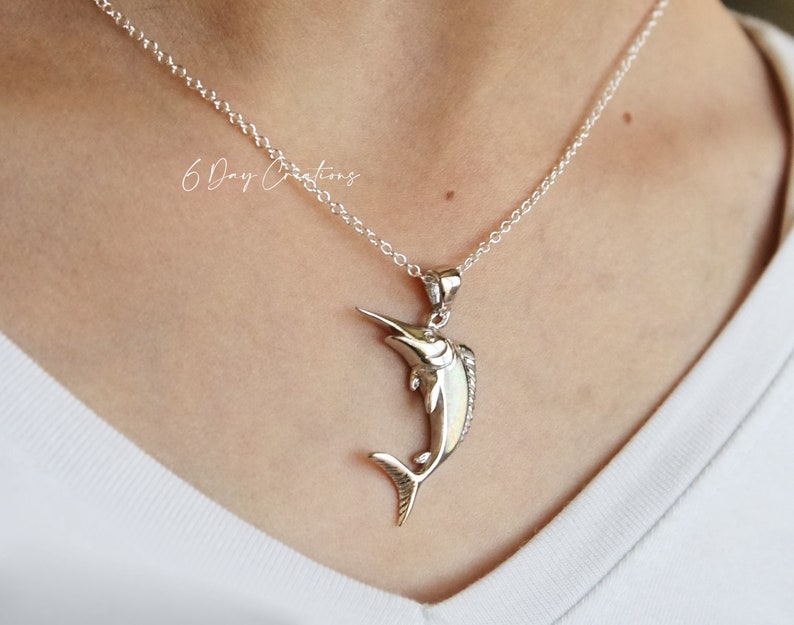 Swordfish necklace .925 sterling silver opal stone inlay sea creature accessory detailed fish pendant gift for her image 2