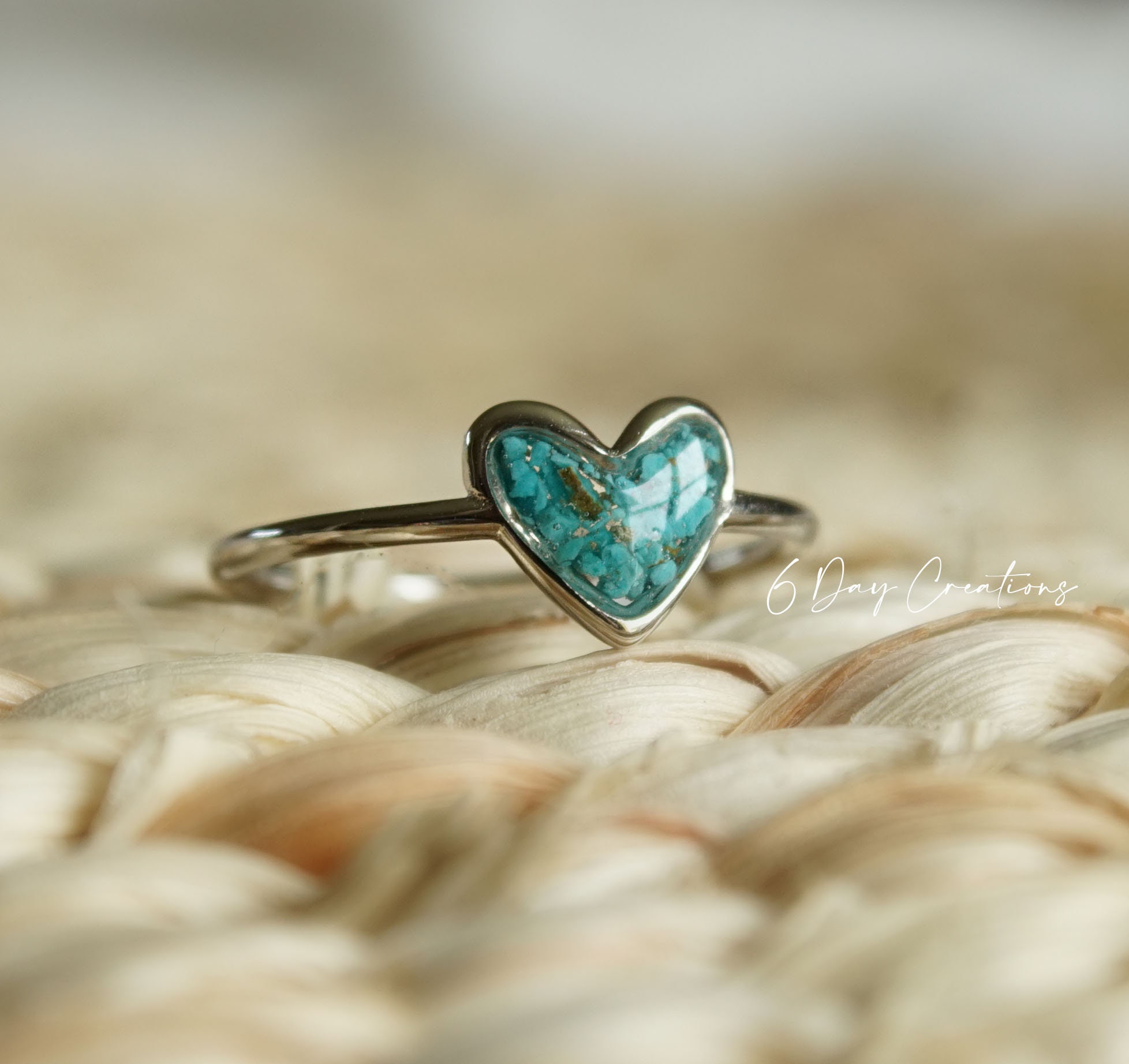 Genuine Turquoise ring | .925 sterling silver | unique crushed stone ring | hypoallergenic | boho statement jewelry | detailed | heart shape