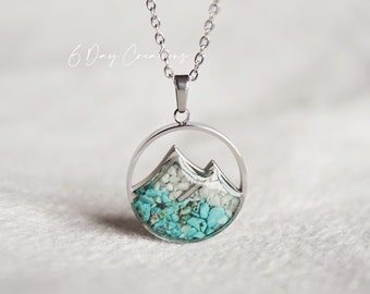 Mountain necklace | turquoise and white howlite stones | wanderlust | stainless steel | cute nature jewelry | mountain scene | unique