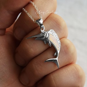 Swordfish necklace .925 sterling silver opal stone inlay sea creature accessory detailed fish pendant gift for her image 3