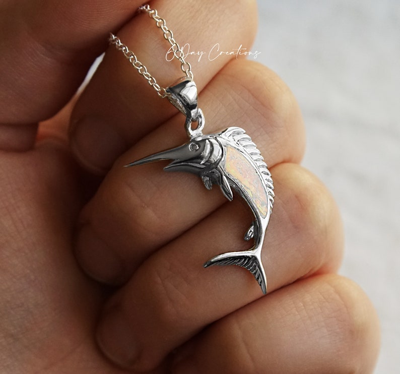 Swordfish necklace .925 sterling silver opal stone inlay sea creature accessory detailed fish pendant gift for her image 3