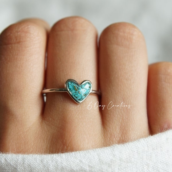 Anillo de turquesa auténtica / Plata de ley 925 / Anillo único de piedra triturada / Hipoalergénico / Joyería bohemia llamativa / Detallado / Forma de corazón