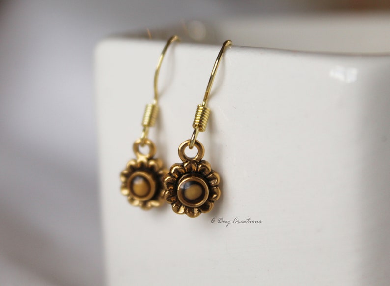 May include: A pair of gold dangle earrings with a small, round, brown and gold flower design. The earrings have a spring closure.