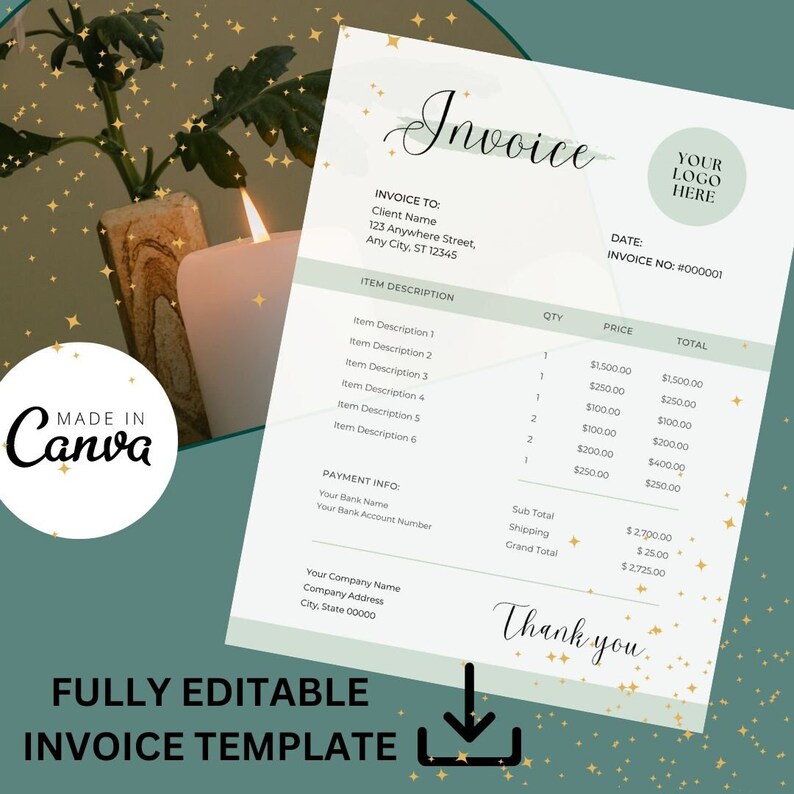 Invoice In Cursive Invoice Template - Editable Template - Canva Template- Downloadable ...