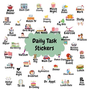 May include: A green cloud with the text "Daily Task Stickers" in black.  The cloud is surrounded by colorful illustrations of various daily tasks, such as "Make Dinner", "Watch TV", "Run Errands", "Exercise", "Clean House", "Date Night", "Dr. Appt", "Birthday", and "Plan Meals".