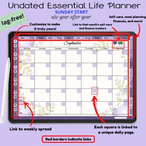 May include: A digital planner app on a tablet screen with a calendar view for the month of September. The calendar has a floral design and each square is linked to a daily page. The app also includes features for self-care, meal planning, finances, and more.