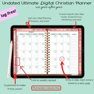 Pu&ograve; includere: Un'agenda digitale per donne cristiane con una vista mensile del calendario. Il calendario &egrave; per agosto e ha bordi rossi attorno a ogni giorno. L'agenda ha schede per l'auto-cura, la pianificazione dei pasti, le finanze, il tracker biblico, la concentrazione sulle Scritture, il ministero e altro ancora. L'agenda non &egrave; datata e pu&ograve; essere utilizzata anno dopo anno.