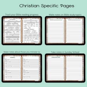 Pu&ograve; includere: Un planner digitale con quattro pagine diverse per l'uso cristiano. Le pagine includono un tracker di lettura della Bibbia, appunti di studio biblico, appunti su coloro a cui si ministra e appunti della scuola domenicale.