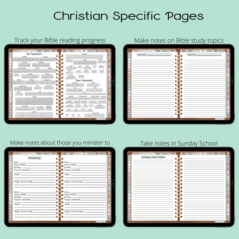 Pu&ograve; includere: Un planner digitale con quattro pagine diverse per l'uso cristiano. Le pagine includono un tracker di lettura della Bibbia, appunti di studio biblico, appunti su coloro a cui si ministra e appunti della scuola domenicale.