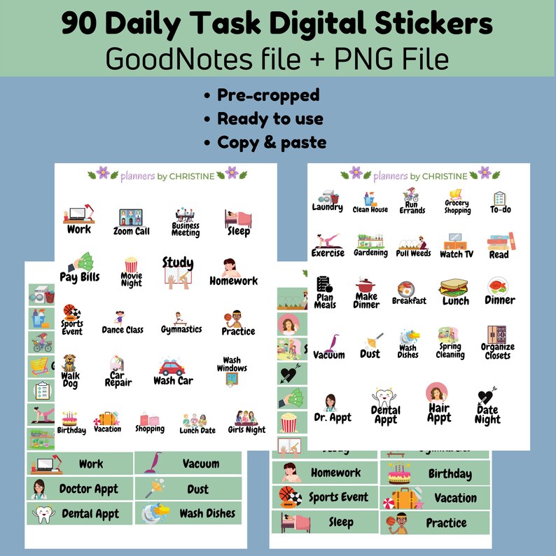 May include: A set of 90 digital stickers for daily tasks. The stickers are colorful and feature illustrations of various activities, such as working, studying, exercising, and relaxing. The stickers are designed for use in the GoodNotes app and are also available as PNG files. The text "90 Daily Task Digital Stickers" and "GoodNotes file + PNG File" is displayed at the top of the image.