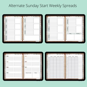 Pu&ograve; includere: Quattro diversi layout di pianificatore settimanale per un'app di pianificatore digitale. I layout includono una settimana che inizia la domenica, una settimana giornaliera, una settimana con una sezione note e una settimana con una sezione priorit&agrave; settimanali.