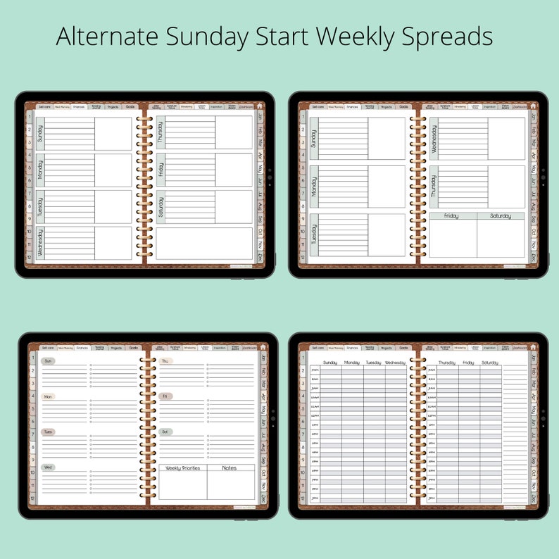 Pu&ograve; includere: Quattro diversi layout di pianificatore settimanale per un'app di pianificatore digitale. I layout includono una settimana che inizia la domenica, una settimana giornaliera, una settimana con una sezione note e una settimana con una sezione priorit&agrave; settimanali.