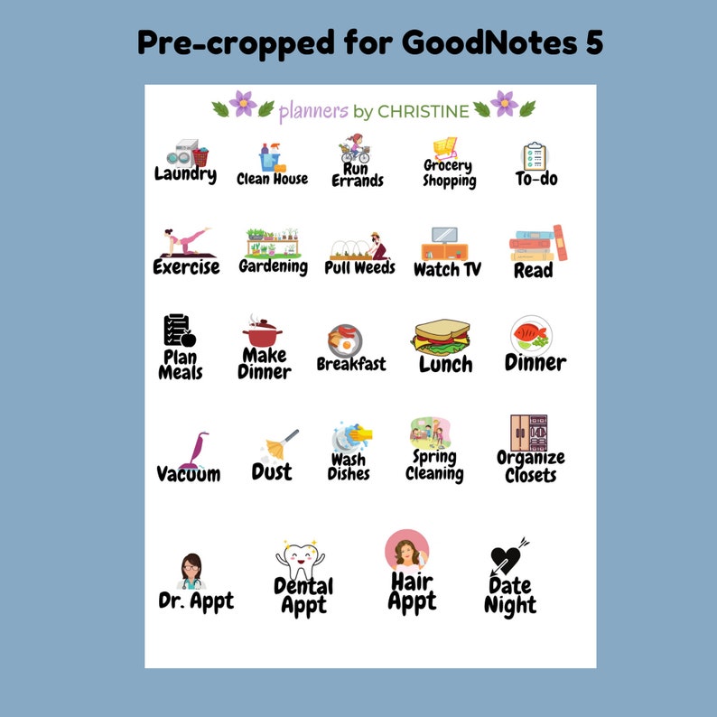 May include: A colorful printable planner with icons for daily tasks and appointments. The planner includes tasks like laundry, grocery shopping, exercise, gardening, and more.