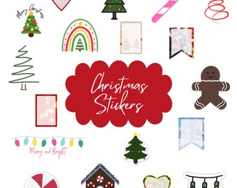 May include: A collection of Christmas-themed stickers featuring various designs. Includes a Christmas tree, candy cane, gingerbread man, and a house. The stickers are in various colors, including red, green, and white. The text "Christmas Stickers" is also present.