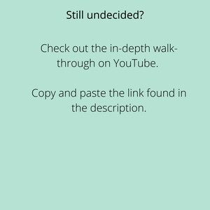 Pu&ograve; includere: Uno sfondo blu chiaro con testo nero che dice "Ancora indeciso? Dai un'occhiata al tour approfondito su YouTube. Copia e incolla il link che trovi nella descrizione."