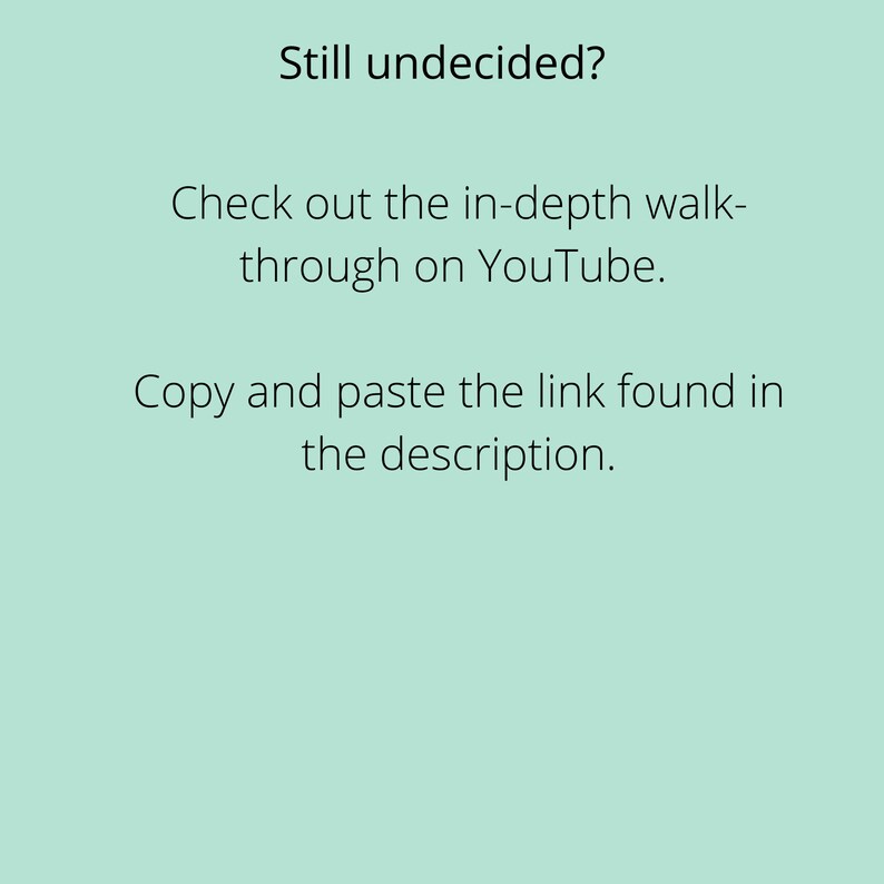Pu&ograve; includere: Uno sfondo blu chiaro con testo nero che dice "Ancora indeciso? Dai un'occhiata al tour approfondito su YouTube. Copia e incolla il link che trovi nella descrizione."
