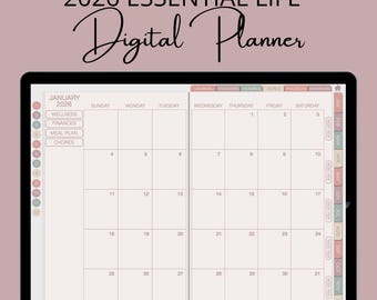 Puede incluir: Un planificador digital en una tableta negra, que muestra un calendario de enero de 2026. La pantalla muestra una vista mensual con fechas y secciones para bienestar, finanzas, plan de comidas y tareas. El texto "2026 Essential Life Digital Planner" está en la parte superior.