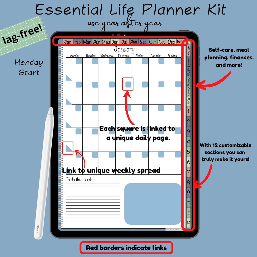Undated Essential Life Digital Planner Kit - Portrait, Monday Start ...