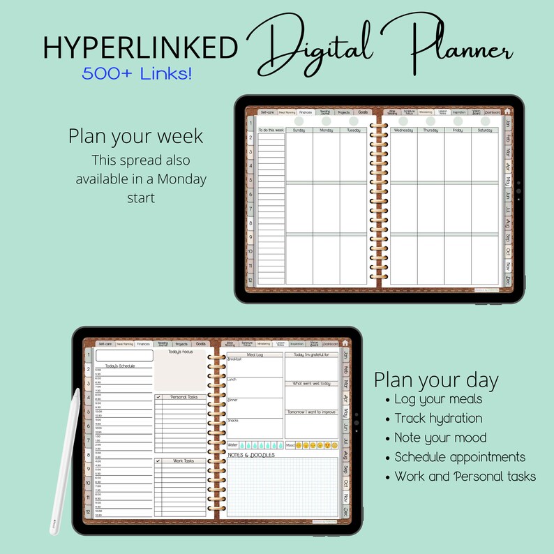 Pu&ograve; includere: Un planner digitale con una copertina in pelle marrone e una rilegatura a spirale dorata. Il planner &egrave; aperto su due pagine, una con un calendario settimanale e l'altra con un planner giornaliero. Il calendario settimanale ha uno sfondo verde chiaro e il planner giornaliero ha uno sfondo bianco. Il planner include sezioni per tenere traccia dei pasti, dell'idratazione, dell'umore, degli appuntamenti e dei compiti. Il testo "Plan your week" e "Plan your day" &egrave; visibile sulle pagine.