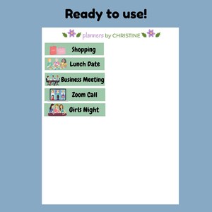 May include: A printable planner page with a green background and floral accents. The page is divided into five sections with titles: Shopping, Lunch Date, Business Meeting, Zoom Call, and Girls Night.