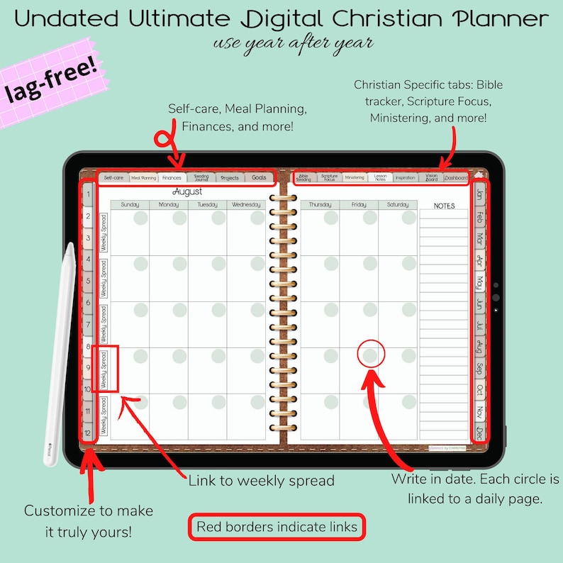 Pu&ograve; includere: Un'agenda digitale per donne cristiane con una vista mensile del calendario. Il calendario &egrave; per agosto e ha bordi rossi attorno a ogni giorno. L'agenda ha schede per l'auto-cura, la pianificazione dei pasti, le finanze, il tracker biblico, la concentrazione sulle Scritture, il ministero e altro ancora. L'agenda non &egrave; datata e pu&ograve; essere utilizzata anno dopo anno.
