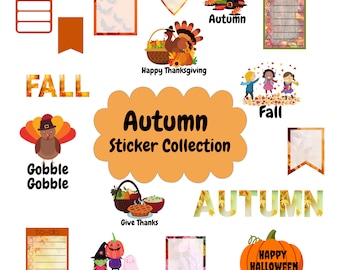 May include: An assortment of autumn-themed stickers. The collection includes pumpkins, turkeys, leaves, and the words "Fall", "Autumn", "Happy Thanksgiving", "Trick or Treat", and "Happy Halloween". There are also to-do lists and decorative frames.