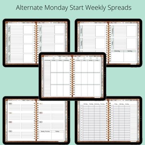 Pu&ograve; includere: Quattro diversi layout di pianificatore settimanale con inizio il luned&igrave;. Ogni layout presenta uno stile di griglia diverso e spazio per le note. I layout sono visualizzati su un tablet digitale.