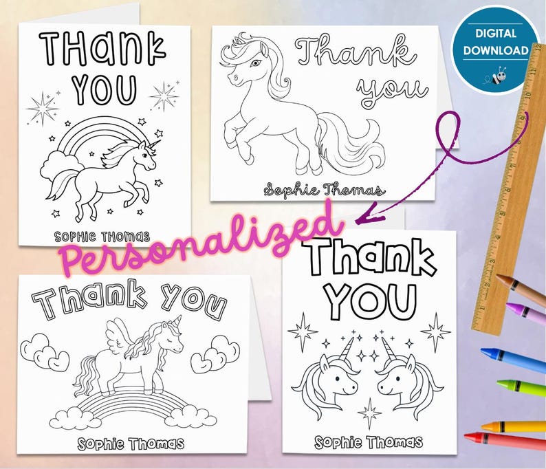 UNICORNS Color in Thank You Card *PERSONALIZED* | Digital File ...