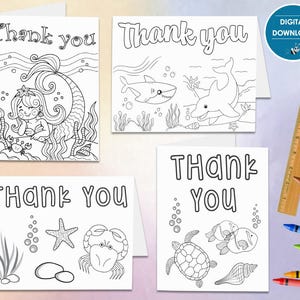 Cartão de agradecimento SEALIFE para colorir | Download instantâneo de arquivo digital | Cartões de felicitações dobráveis | Crianças | Artes e ofícios
