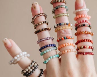 Handmade Gemstone Beaded Stretch Ring, Boho Stacking Crystal Ring