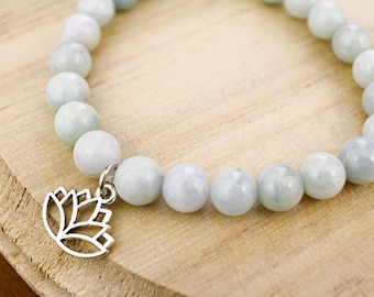 Burma Jade Beaded Bracelet, Sterling Silver Charm, Good Luck