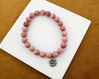 Pink Rhodonite Bracelet, Rhodonite Charm Bracelet, Natural Gemstone Bracelet, Rhodonite Crystal Bracelet, Womens Bracelet