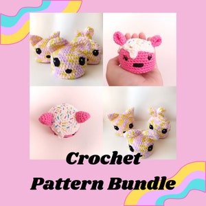 May include: A crochet pattern bundle featuring five adorable amigurumi animal toys. The toys are pink and yellow with sprinkles and have cute faces. The pattern bundle includes instructions for making all five toys.