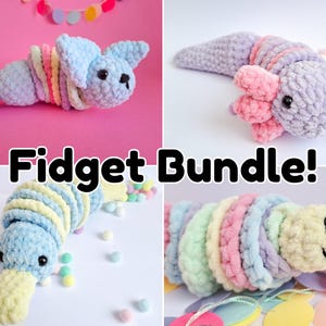 May include: A crochet fidget bundle featuring four plush toys in pastel colours. The toys include a blue platypus, a purple axolotl, and two segmented caterpillar-like creatures with rings in shades of pink, yellow, blue, and green. Text reads Fidget Bundle!