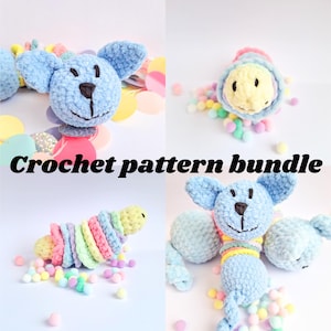 May include: Crochet pattern bundle featuring three amigurumi toys: a blue dog, a rainbow-colored caterpillar, and a yellow and blue caterpillar. The toys are surrounded by pastel-colored pom-poms.