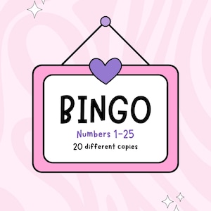 Puede incluir: Un cartel rosa y blanco con un corazón colgando de la parte superior. El cartel dice "BINGO" en letras negras y "Números 1-25, 20 copias diferentes" en letras negras más pequeñas.