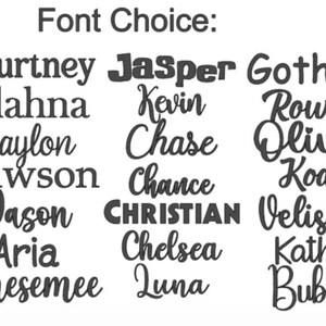 May include: A list of names in different fonts, including Courtney, Jasper, Gothom, Alahna, Kevin, Rowan, Braylon, Chase, Olivia, Dawson, Chance, Koda, Jason, CHRISTIAN, Velisha, Aria, Chelsea, Kathy, Renesemee, Luna, and Bubba.