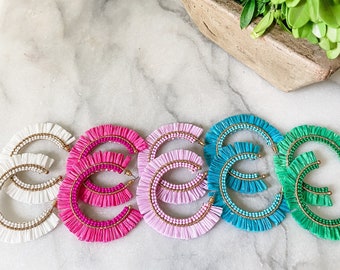Beaded Raffia & Gold Hoop Statement Earrings - Brookhaven Baubles - Southern Statement Jewelry - Beaded Statement Earrings
